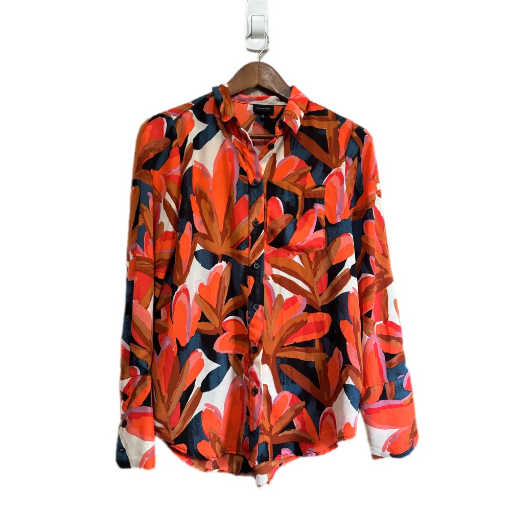 Who What Wear Button Down Shirt Women Orange Floral Print Excellent Long Sleeve